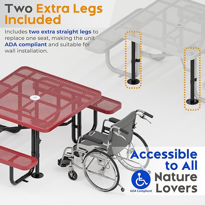 Metal Picnic Tables for Outdoors with Umbrella Hole - Coated Steel Heavy Duty Commercial Grade Furniture with Adjustable Seats (Red, 46 in, Square, Punched Steel)