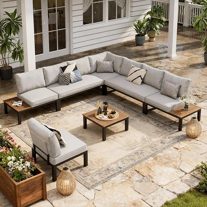 Sophia & William 7 Piece Outdoor Patio Furniture Set, Metal Sectional Sofa Patio Conversation Set with Cushions-2 x Single Sofa with Side Table, 2 x Single Chair, 2 x Loveseat, 1 x Tea Table