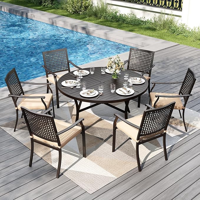 PHI VILLA Outdoor Round Dining Table for 6, 54" Large Metal Wrought Iron Table with Umbrella Hole, All Weather Furniture for Patio, Deck, Yard, Porch - Black