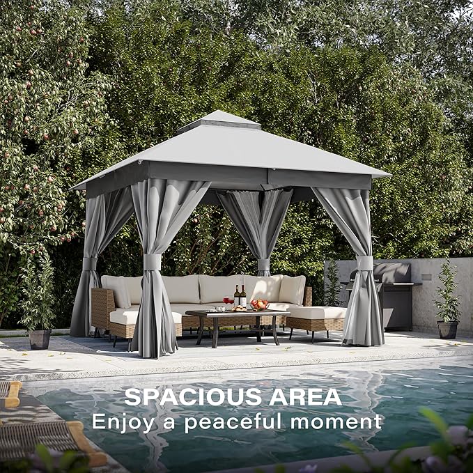 LAUSAINT HOME Gazebo 10x10ft, Heavy Duty Patio Gazebo with Expansion Bolts, Party Canopy Tent with Double Roofs, Mosquito Nettings and Privacy Screens for Backyard, Garden, Lawn, Grey