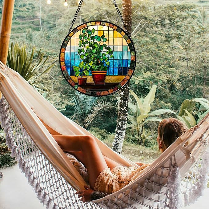 QZQCBLC Stained Glass Window Hanging Green Potted Plants 6.3" - Suncatcher Door Garden Sun Catcher Retro Home Decor Birthday Christmas for Mom Men Woman Nana Friend