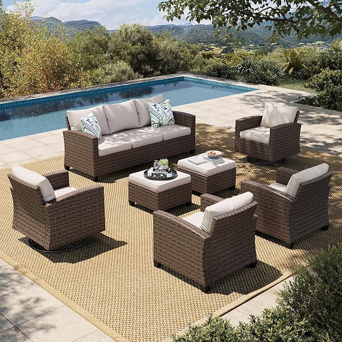 HERA'S HOUSE Swivel Glider Patio Furniture Set, 7 Pieces Wicker Outdoor Seating Furniture, Patio Conversation Sofa Sets for Lawn Backyard Deck, Beige