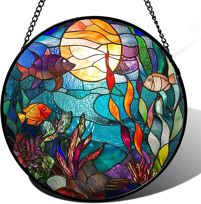 AMDERVEN Stained Glass Window Hanging - Blue Ocean World Small Fish Coral Sun Catcher for Door Garden Home Decor Sea Suncatcher Christmas Mother's Day Birthday Gifts for Women Men Mom Nana 6.3 in