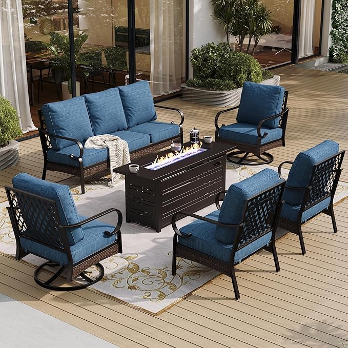 SUNSHINE VALLEY 6 Piece Black Metal Outdoor Patio Furniture Sets with Firepit Table, Patio Conversation Sets 1 3-Seater Sofa, 2 Leg Sofa and 2 Swivel Chair with 5.75" Cushion for Backyard Deck, Blue-2
