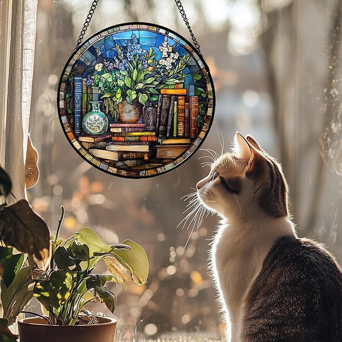 QZQCBLC Stained Glass Window Hanging Teal Flower Vintage Books 9.8" - Blue Suncatcher Door Garden Sun Catcher Home Decor Birthday Christmas for Mom Men Woman Nana Friend