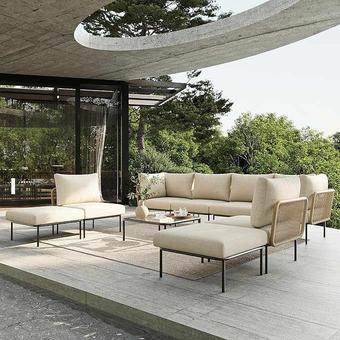 9 Piece Modern Outdoor Rope Wicker Sectional Patio L-Shaped Conversation Sofa Set Deep Seating with Thick Cushions