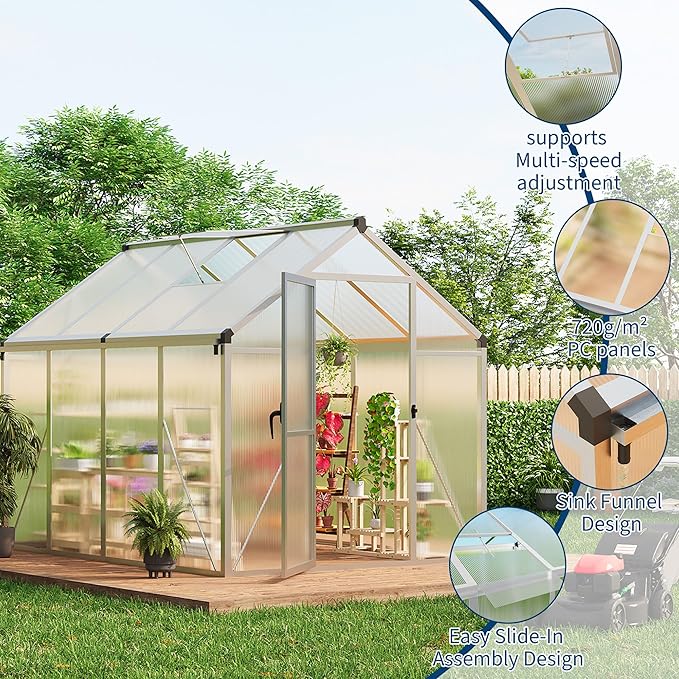 6 x 8 ft Greenhouse, Greenhouses for Outside, Polycarbonate Greenhouse with Aluminum Frame, Lockable Door and Ajustable Roof Vent for Backyard, Green Houses for Outside Garden Backyard, Patio