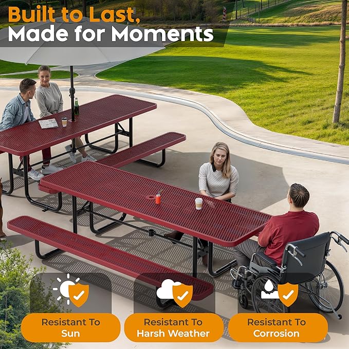 Metal Picnic Furniture for Outdoors with Umbrella Hole - Coated Steel Heavy Duty Commercial Grade Table with Adjustable Seats, Patio Set for a Lifetime (Red, 8' Rectangular)