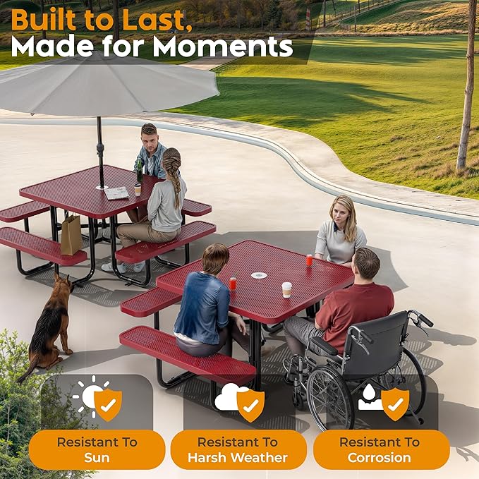 Metal Picnic Tables for Outdoors with Umbrella Hole - Coated Steel Heavy Duty Commercial Grade Furniture with Adjustable Seats (Red, 46 in, Square, Punched Steel)