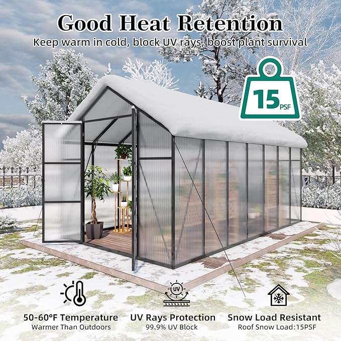 KEIKI 8x14 FT Polycarbonate Greenhouse for Outdoors, Heavy-Duty Walk-in Aluminum Greenhouse with Anchor Base, Light-Transmitting Panels & Drainage System, Black