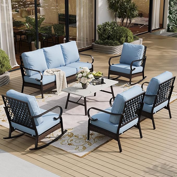 SUNSHINE VALLEY 6 Piece Metal Outdoor Patio Furniture Set, 1 3-Seater & 2 Fixed Sofa, 2 Rocking Sofa with 5.75" Thick Cushion & Coffee Table - Black & Blue