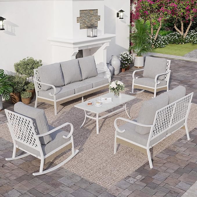SUNSHINE VALLEY 5 PCS Metal Outdoor Patio Furniture Set, Patio Conversations Sets 3-Seater Couch, 2-Seater Sofa, 2 Rocking Sofa with 5.75" Thick Cushion and Coffee Table White Backyard Furniture, Gray