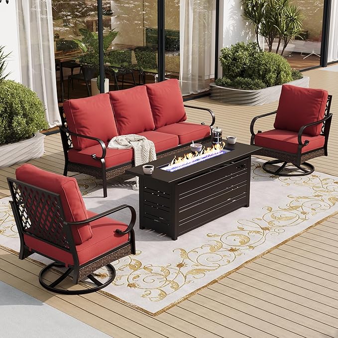 SUNSHINE VALLEY 4 Piece Metal Outdoor Patio Furniture Sets with Firepit Table, Patio Conversation Sets 1 3-Seater Sofa, 2 Swivel Sofa with 5.75" Thick Cushion Backyard Furniture for Deck, Rust Red