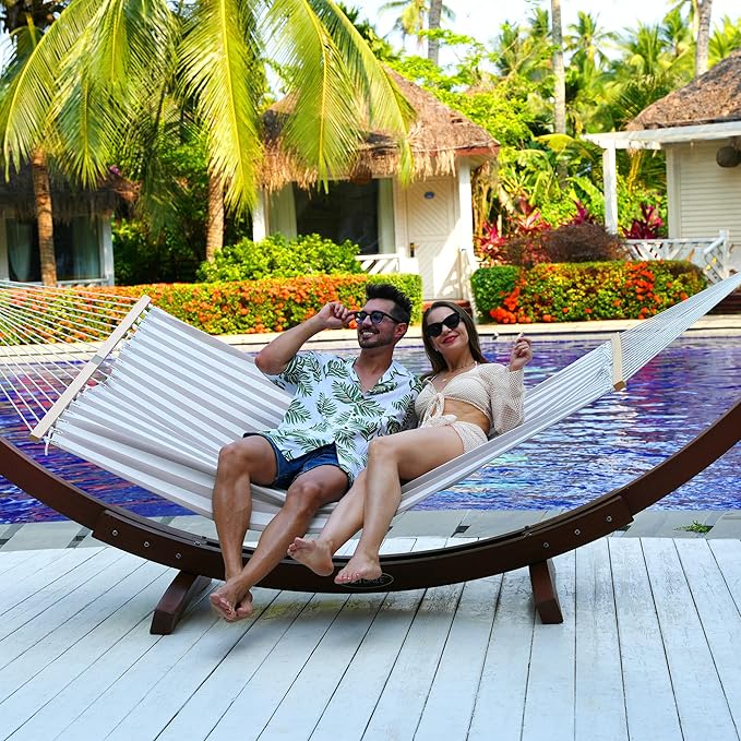 Lazy Daze Hammocks Quick Dry Hammock with Spreader Bar Textliene Fabric Double 2 Person Hammock with Chains Outdoor Patio Poolside Backyard Beach 450 lbs Capacity, Beige White Stripes