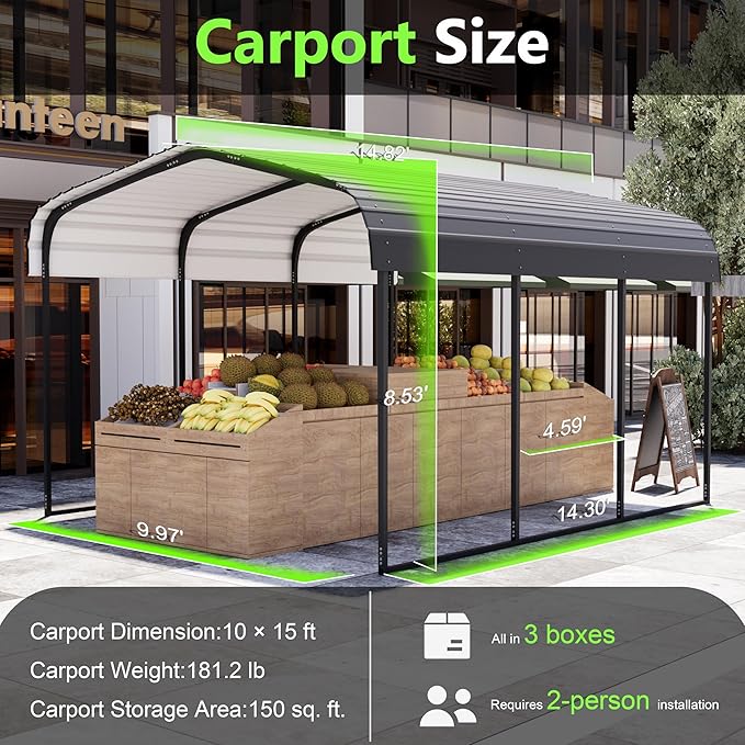 Royal Windsor Metal Carport 10x15 FT Heavy Duty Car Port, Outdoor Storage Garage Metal Canopy Multi-Use Shed for Car and Truck, Carport Kit with Galvanized Steel Roof Building and Frame