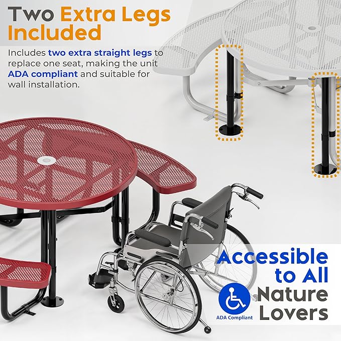 Metal Picnic Tables for Outdoors with Umbrella Hole - Coated Steel Heavy Duty Commercial Grade Furniture Set with Adjustable Seats (Red, 46 in, Round, Punched Steel)