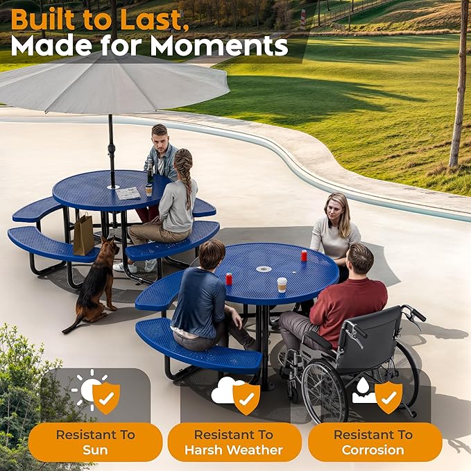 Metal Picnic Tables for Outdoors with Umbrella Hole - Coated Steel Heavy Duty Commercial Grade Furniture Set with Adjustable Seats (Blue, 46 in, Round, Punched Steel)