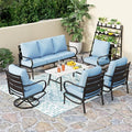 PHI VILLA 6 PCS Patio Furniture Sets with 1 x 3-Seat Bench, 2 x Swivel Cushioned Sofa Chairs, 2 x Leg Sofa & 1 x Coffee Table, Outdoor Conversation Set for 7 Person, Light Blue