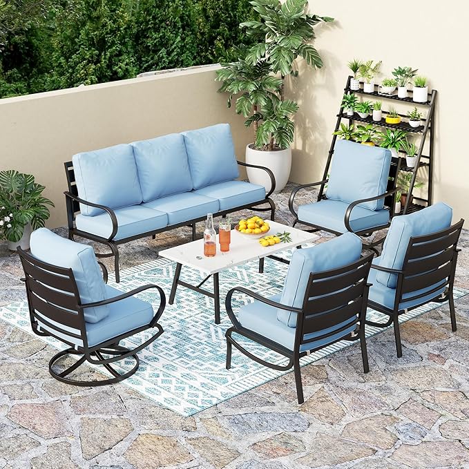 PHI VILLA 6 PCS Patio Furniture Sets with 1 x 3-Seat Bench, 2 x Swivel Cushioned Sofa Chairs, 2 x Leg Sofa & 1 x Coffee Table, Outdoor Conversation Set for 7 Person, Light Blue