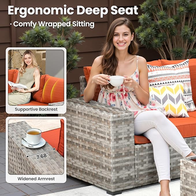 ovios 9 Pieces Patio Furniture Set, Outdoor Wicker Sectional Sofa with 2 Swivel Chairs Coffee Table, Modern Modular Deep Seat Rattan Couch Conversation Sets, Orange Red