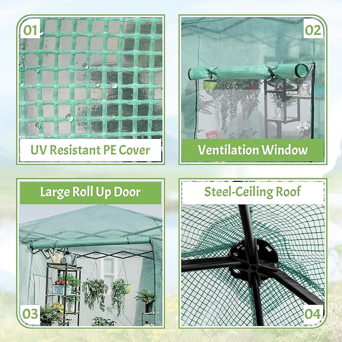 Greesum 8x6 FT Portable Pop-up Greenhouse with Center Lock, PE Cover, Zippered Door and 2 Roll-up Windows, Easy Assemble(Green)
