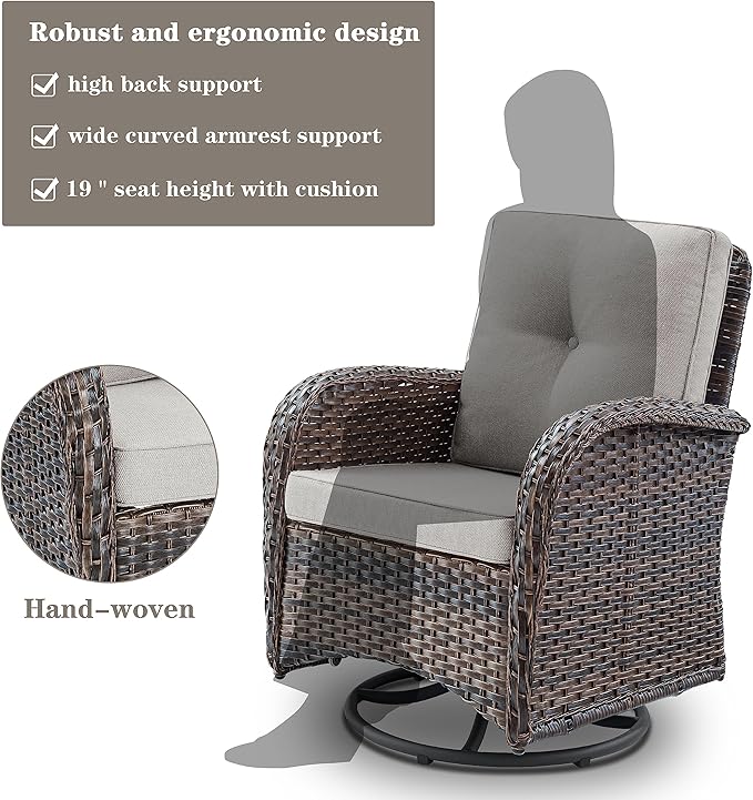 Patio Furniture Swivel Glider PE Wicker Chairs, Outdoor Swivel Rocker Seating with Cushions for Porch Deck Balcony, Brown/Beige