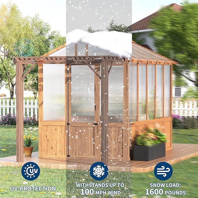 8x13FT Greenhouse Kit with Pergola, Wooden Greenhouse with Cedar Frame, Outdoor Wood Greenhouses with Roof Vent, Wood and Polycarbonate Walk-in Greenhouses