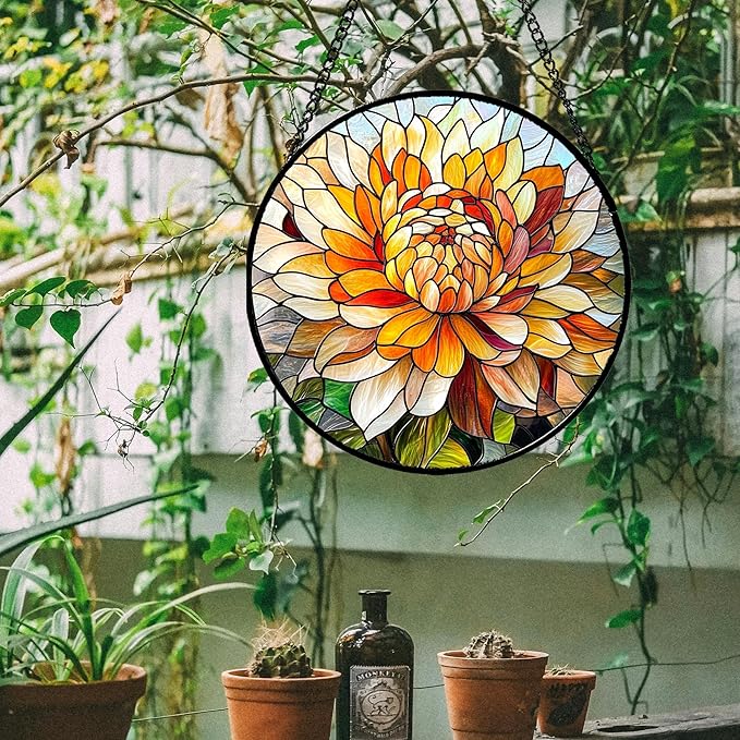 CRISGIF Stained Glass Window Hanging - Chrysanthemum Suncatcher for Doors Garden Patio Birth Flowers Sun Catchers Decor Christmas Mother's Day Birthday Gifts for Women Men Mom Nana Friend 15 in