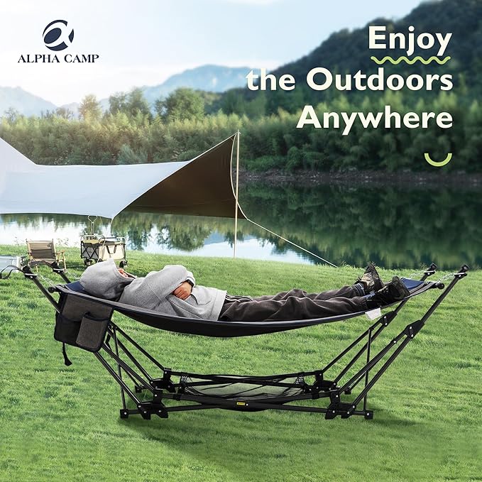 ALPHA CAMP Portable Hammock with Stand Included, Free Standing Hammock for Outside Heavy Duty, Outdoor Self Standing Hammock Foldable with Storange Net for Backyard Camping Beach 330lbs Capacity