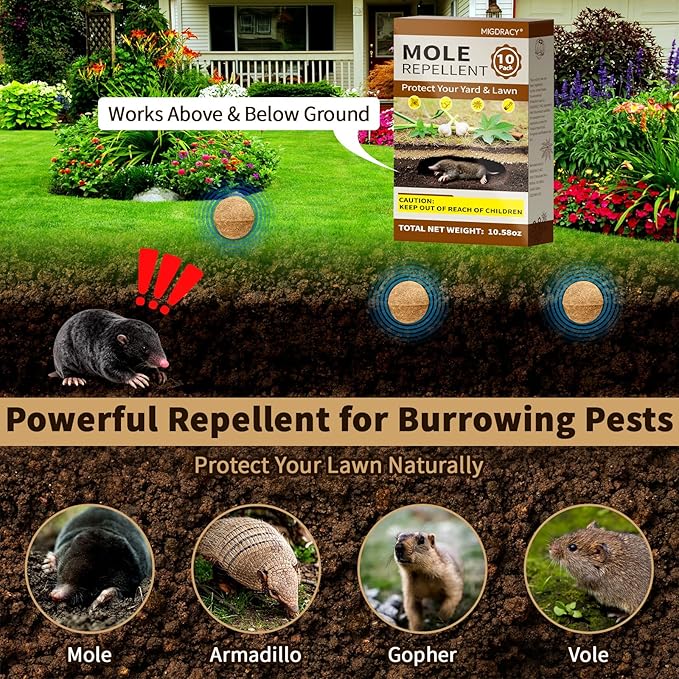 Powerful Mole & Vole Repellent Balls for Yard, Repel Groundhug, Armadillo, Mole, Vole, Gophers, Natural Essential Oil Formula, Safe for Kids & Pets, Long-Lasting Outdoor Yard Protection