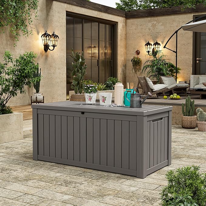 Deck Box, 120 Gallon Outdoor Storage Box Lockable Patio Waterproof for Furniture, Garden Tools, Sports Equipment and Pool Supplies, Waterproof, Resin, Lockable