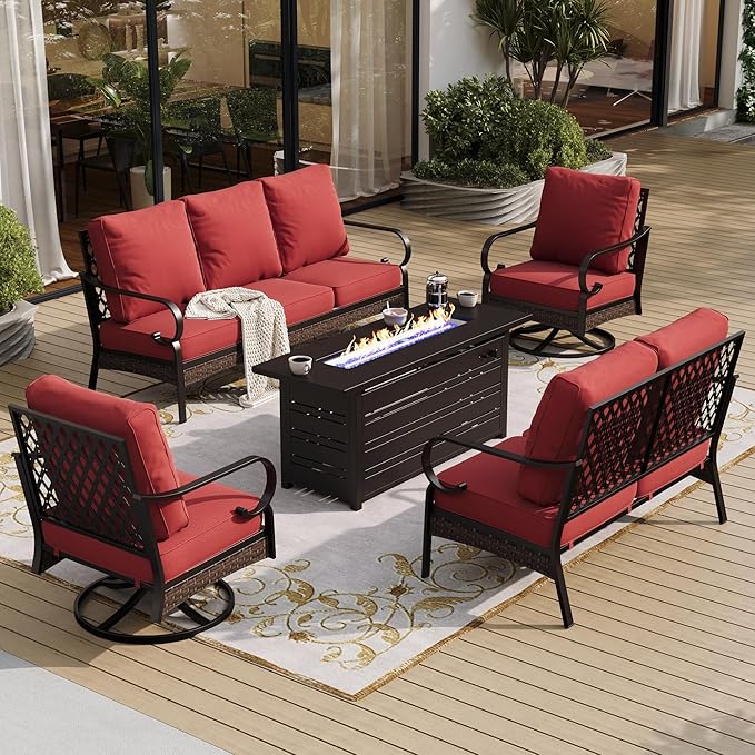 SUNSHINE VALLEY 5 Piece Metal Outdoor Patio Furniture Sets with Firepit Table, Patio Conversation Sets 1 3-Seater Sofa, 1 Loveseat, 2 Swivel Chair with 5.75" Cushion for Backyard Deck, Rust Red
