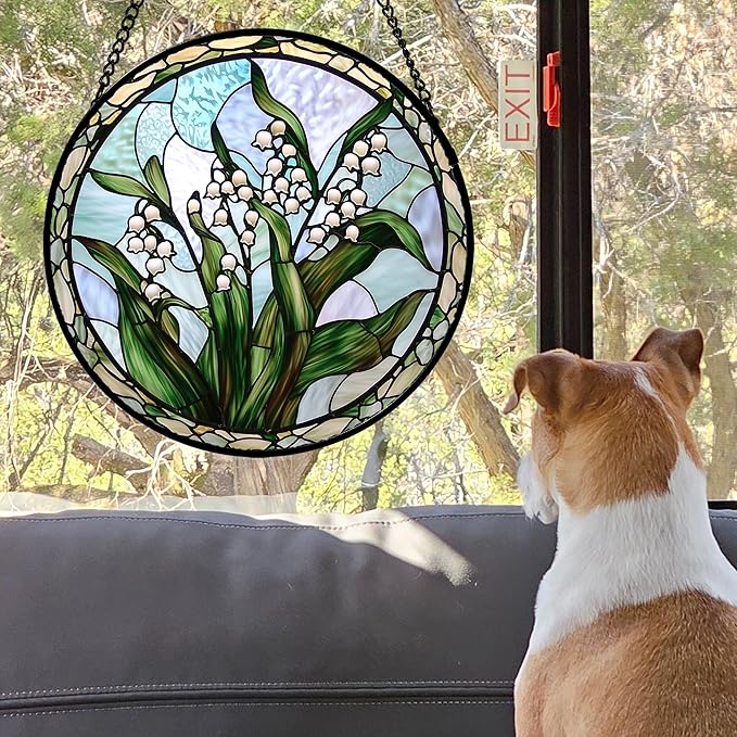 AMDERVEN Stained Glass Window Hanging, White Green Lily of The Walley Flowers Sun Catcher for Door Home Decor Plants Suncatcher Christmas Mother's Day Birthday Gifts for Women Men Mom Nana 7.8 in