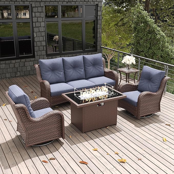 LayinSun 5 Pieces Outdoor Patio Furniture Set with Fire Pit Table, Rattan Wicker Sectional Swivel Rocker Chairs Sets with Swivel Glider Chair and Coffee Table