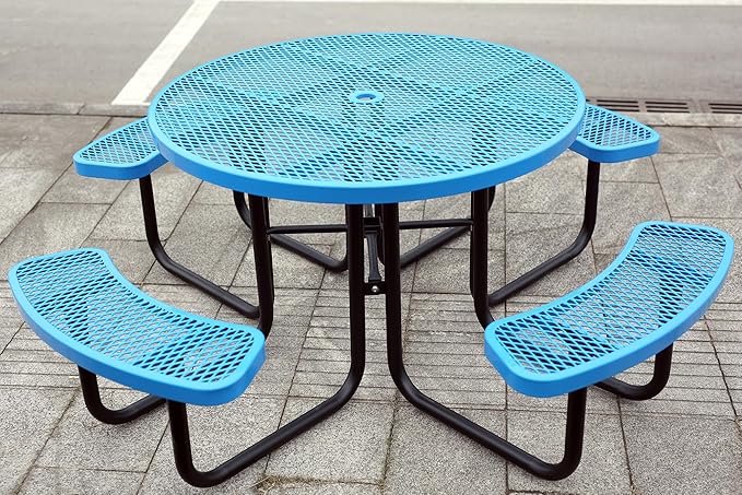 Sunnibety 8-Person Picnic Tables for Outdoors, Industrial 46" Expanded Metal Round Picnic Table with 4 Benches & Umbrella Hole, Outside Table and Bench Set for Park, Garden, Backyard, Patio, Blue