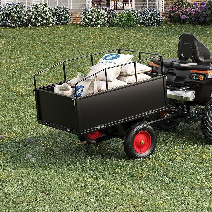 GarveeLife ATV Trailer Tow Behind Steel Dump Cart, 750 lbs 17 Cubic Feet Heavy Duty Yard Garden Utility Trailer Pull Behind with Removable Sides & All Terrain Tires for Lawn Mower, Tractor, Yard