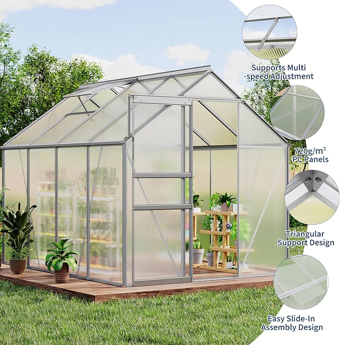 Garvee 6 x 8 FT Outdoor Greenhouse, Polycarbonate Greenhouses with Aluminum Frame, Sliding Door, Adjustable Roof Vent for Backyard, Green Houses for Outside Garden Backyard, Patio, Silver