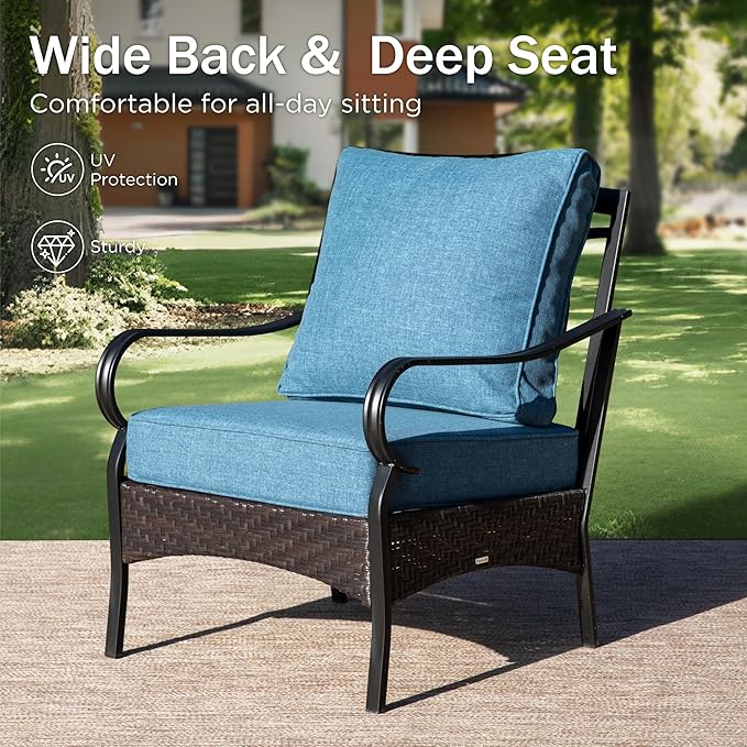 PHI VILLA Outdoor Modern Patio Furniture Set, Upgraded Wicker&Metal Patio Furniture Conversation Set with Waterproof Thick Cushions for Porch, Poolside, Deck, and Yard (5 Pieces,Navy)
