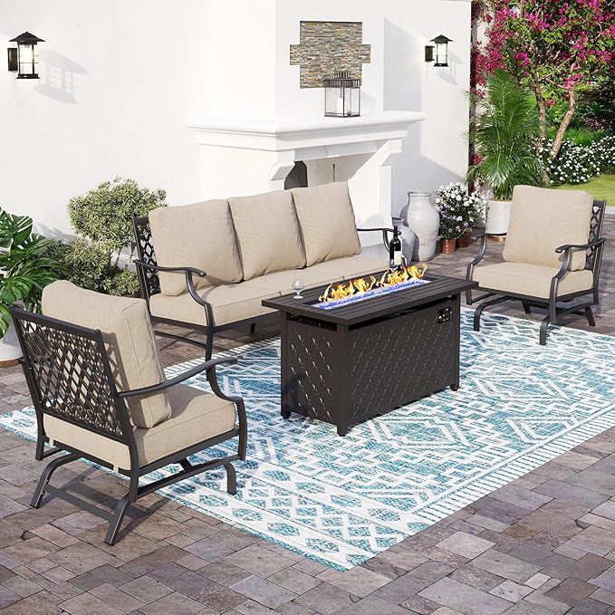 SUNSHINE VALLEY Patio Furniture Set with Firepit Table, 4 Piece Metal Outdoor Patio Furniture, 2 Rocking Chairs and 3 Seater Sofa with 5.75" Extra Thick Cushion and Gas Firepit Table for Backyard Deck