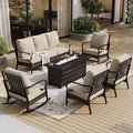 SUNSHINE VALLEY 6 Piece Metal Outdoor Patio Furniture Sets with Firepit Table, Patio Conversation Sets 1 3-Seater Sofa, 2 Leg Chair and 2 Rocking Chair with 5.75" Cushion for Backyard Deck, Beige