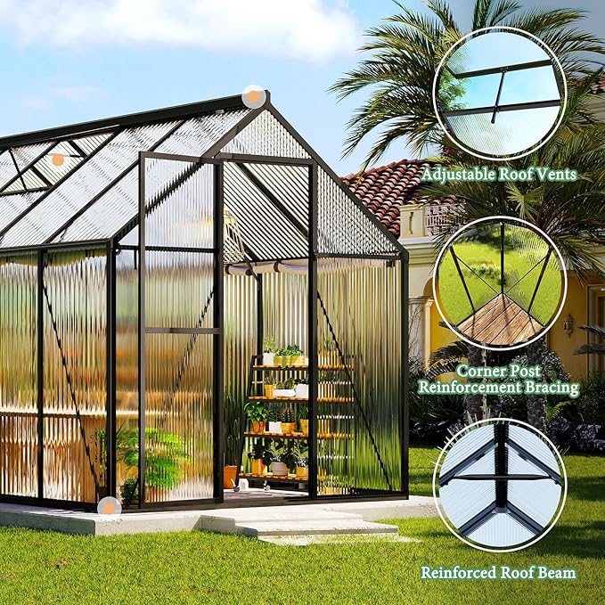 AMERLIFE 6x16 Ft Polycarbonate Greenhouse for Outdoors, Walk-in Design with Aluminum Frame, 2 Windows and Swing Door, Heavy-Duty Greenhouse Construction for Garden, Black