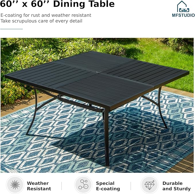 MFSTUDIO 60" Square Metal Outdoor Dining Table, Large Patio Furniture 8 Person Table with Adjustable Umbrella Hole for Deck,Backyard,Lawn,Garden(Black)