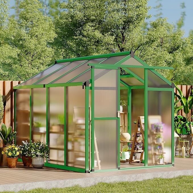 Greenhouse, 6x8 FT Greenhouse for Outdoors, Walk-in Green House with Ground Nails and Vent Windows, Sliding Lockable Door, Polycarbonate Greenhouses for Outside Garden Backyard, Quick Setup, Green