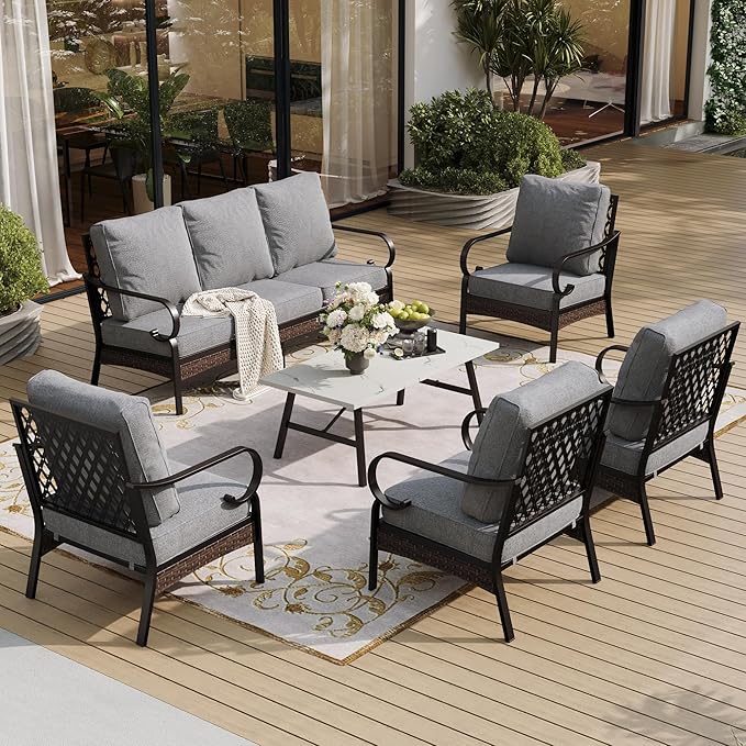 SUNSHINE VALLEY 6 Piece Metal Outdoor Patio Furniture Sets, Patio Conversation Sets 1 3-Seater Sofa, 4 Single Sofa with 5.75" Extra Thick Cushion & Coffee Table, Black Frame Backyard Furniture, Gray