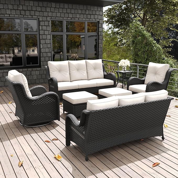LayinSun 7 Pieces Outdoor Patio Furniture Set, Rattan Wicker Sectional Swivel Rocker Chairs Sets with Ottomans, Swivel Glider Chairs and Coffee Table