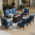 SUNSHINE VALLEY 6 Piece Black Metal Outdoor Patio Furniture Sets with Firepit Table, Patio Conversation Sets 1 3-Seater Sofa, 4 Single Sofa with 5.75" Extra Cushion Backyard Furniture for Deck, Blue-2