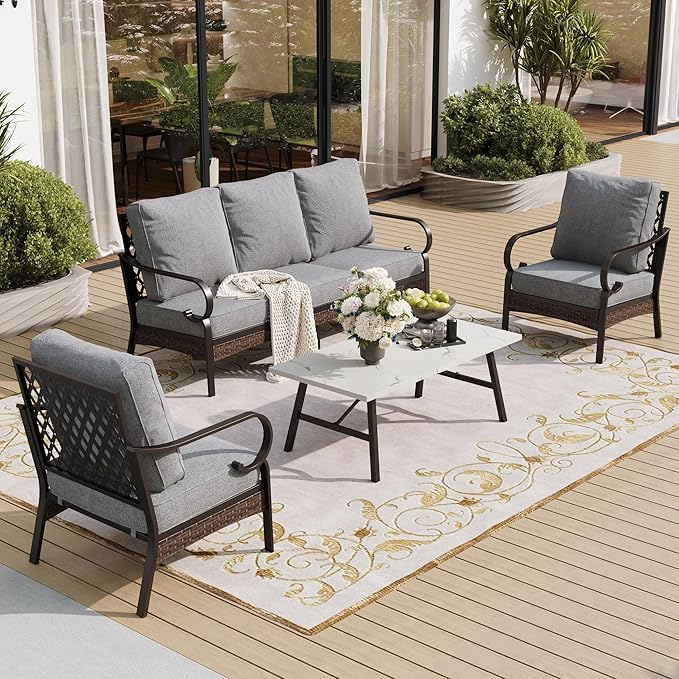 SUNSHINE VALLEY 4 Piece Metal Outdoor Patio Furniture Set, Patio Conversation Sets 1 3-Seater Sofa, 2 Chairs with 5.75" Extra Thick Cushion and Coffee Table, Black Frame Backyard Furniture, Gray