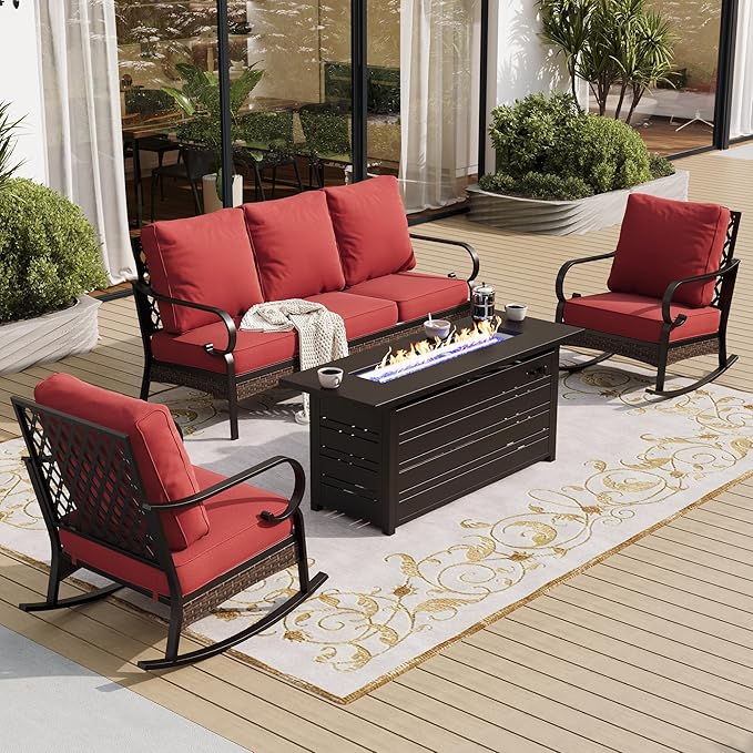 SUNSHINE VALLEY 4 Piece Metal Outdoor Patio Furniture Sets with Firepit Table, Patio Conversation Sets 1 3-Seater Sofa, 2 Rocking Sofa with 5.75" Thick Cushion Backyard Furniture for Deck, Rust Red