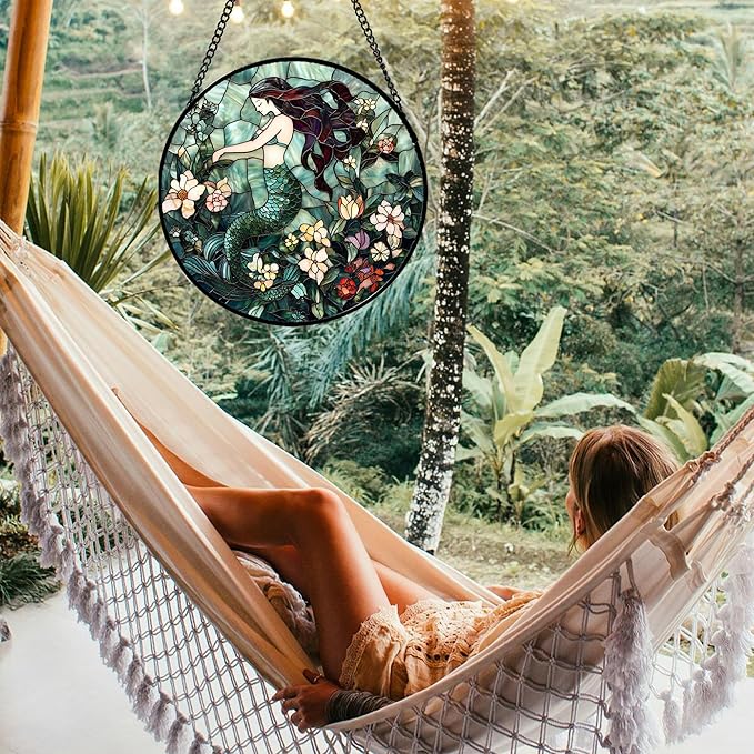 JOSUMALY Stained Glass Window Hanging - Teal Sleeping Mermaid Suncatcher for Door Terrace Garden Home Decor, Sea of Flowers Sun Catcher Birthday Gifts for Lovers Women Men Dad Mom Nana 6.3 in
