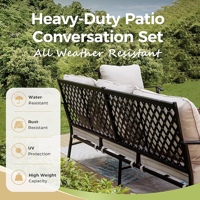 Patio Furniture Set with Firepit Table, 4 Pcs Metal Outdoor Conversation Set, 2 Rocking Chairs and 3 Seater Sofa with 5.75" Extra Thick Cushion and Gas Fire pit Table for Backyard Deck, Beige
